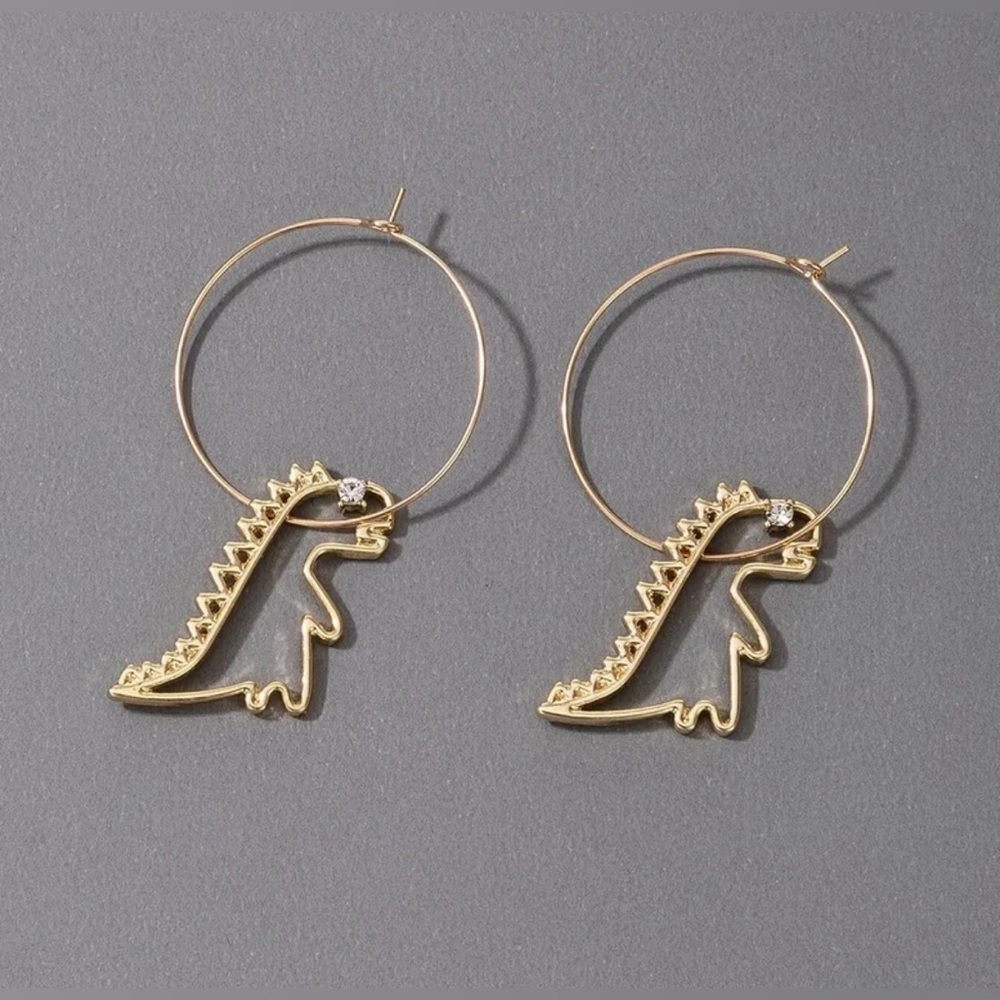 14K Gold Hoop Earrings With Dinosaur T-Rex Silhouette With Diamond Eye Accent